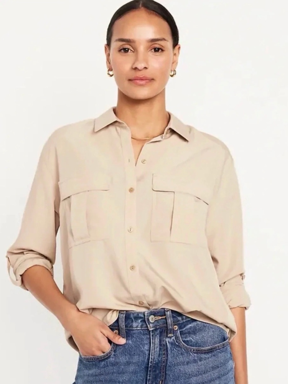 Old Navy Women's XL Khaki Button-Down Utility Shirt